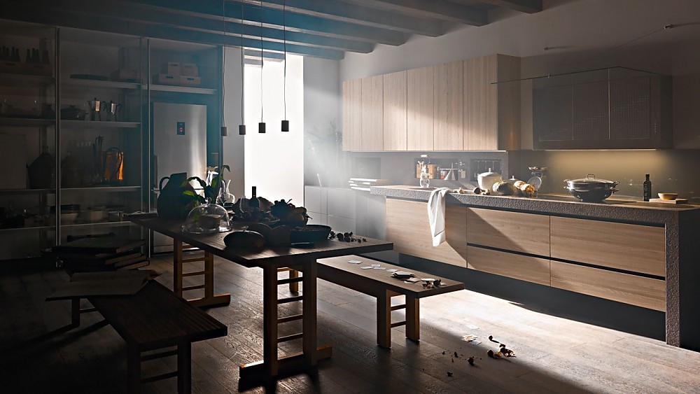 Deze keuken bestaat hoofdzakelijk uit één groot keukenblok dat tegen de wand is geplaatst. De combinatie van de houten fronten met het robuuste granieten werkblad dat voor een extra ruwe look aan de zijkant gebeitst is, levert een interessant geheel. Voor nog meer bergruimte zorgt in deze keuken een los geplaatste stellingkast. Zuordnung: Stil Luxe keukens, Planungsart keukenblok