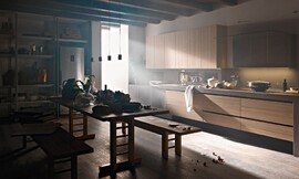 Deze keuken bestaat hoofdzakelijk uit één groot keukenblok dat tegen de wand is geplaatst. De combinatie van de houten fronten met het robuuste granieten werkblad dat voor een extra ruwe look aan de zijkant gebeitst is, levert een interessant geheel. Voor nog meer bergruimte zorgt in deze keuken een los geplaatste stellingkast. Zuordnung: Stil Luxe keukens, Planungsart Detail keukenontwerp