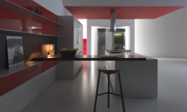 Deze moderne designkeuken straalt door de strakke vormgeving rust en luxe eenvoud uit. De keuken bestaat uit een wandgedeelte met hoge kasten waarin de apparatuur is opgenomen en een kookeiland met spoelbak. Het kookeiland wordt met de wand verbonden door een aanrechtblad in contrasterende donkere kleur. Het werkblad loop van het keukeneiland naar de wand, zodat daar een zitgelegenheid aan een bar is ontstaan. Het blad ligt op een van drie legplanken die aan de wand zijn bevestigd en die doorlopen tot aan de hoge apparatuurkasten. De donkerrode kleur van een deel van de muur en het plafond zorgt voor een attractief accent in deze grijs/zwarte keuken. Zuordnung: Stil Design-keukens, Planungsart Open keuken (woonkeuken)