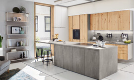 Een verfijnde combinatie van echte hout en betonlook: Deze greeploze designkeuken met bar straalt moderne elegantie uit. Ballerina, bekend om zijn duurzame en aanpasbare keukens, biedt hier een meesterwerk van vakmanschap. Zuordnung: Stil Moderne keukens, Planungsart Keuken met zitgelegenheid