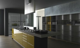 Design eilandkeuken met verlengd aanrechtblad als bar. Open kast en design afzuigkap. Fronten grijsbeige met brede horizontale grepen. Met design afzuigkap en open kastenwand. Zuordnung: Stil Luxe keukens, Planungsart Keuken met keukeneiland