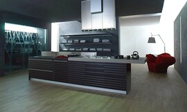 Design eilandkeuken met verlengd aanrechtblad van aluminium als bar. Open kast en design afzuigkap. Fronten donkergrijs met horizontaal patroon. Tegen de achterwand zitten planken waardoor u uw servies zichtbaar en binnen handbereik kunt opbergen. Zuordnung: Stil Design-keukens, Planungsart Binneninrichting van de keuken