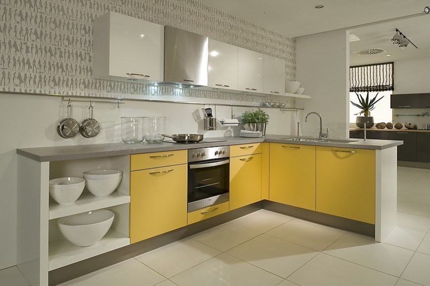 L-vormige keuken mango geel met wit