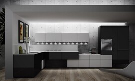 Deze design keuken in L-vorm valt op door zijn ambitieuze vormentaal en communicatieve verbindung tussen verschillende meubelunits met verschillende hoogte en optiek. Een sterk contrast tussen mat wit en donkergrijs onderstreept de robuuste stijl van deze hangende keuken. Een rij van led-spots werpt licht op de achterwand. Zuordnung: Stil Moderne keukens, Planungsart keukenblok