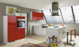 L-Vorm met spannende kleur-en materiaalcontrasten. Zuordnung: Stil Moderne keukens, Planungsart Keuken met zitgelegenheid