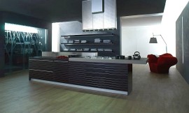 Design eilandkeuken met verlengd aanrechtblad van aluminium als bar. Open kast en design afzuigkap. Fronten donkergrijs met horizontaal patroon. Tegen de achterwand zitten planken waardoor u uw servies zichtbaar en binnen handbereik kunt opbergen. Zuordnung: Stil Design-keukens, Planungsart Keuken met keukeneiland